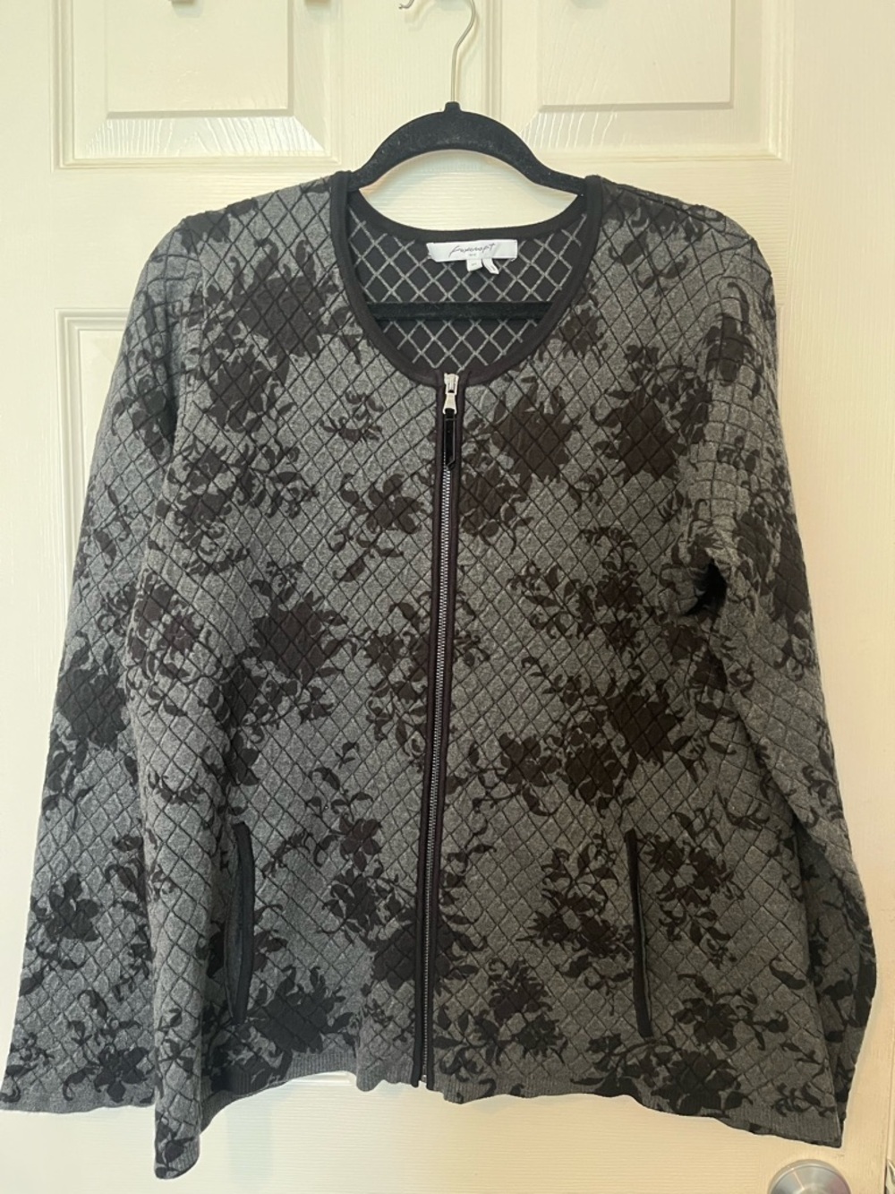 Foxcroft Quilted XL Floral‎ Zip-Front Bomber Jacket - Gray & Black Goth Business
